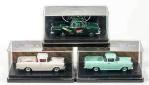 TRAX: 1:43 group of Holdens including Holden 1961 EK Utility (TR74B) – Dark Green Repco Auto Parts; and, Holden 1960 FB Utility (TR73B) – White; and, Holden 1961 EK Utility (TR74) – Grey. All mint in original perspex display case. (5 items)