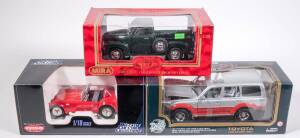 Miscellaneous group of 1:18 Scale Model Cars consisting of KYOZHO: Lamborghini Jota SVR (8311R) &ndash; Red; and, GUILOY: Aston Martin DB7 (67517) &ndash; Black; and, MAISTO: 1998 Jaguar XKR (31863) &ndash; Red. All mint in original windowed cardboard display boxes. (10 it