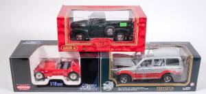 Miscellaneous group of 1:18 Scale Model Cars consisting of KYOZHO: Lamborghini Jota SVR (8311R) – Red; and, GUILOY: Aston Martin DB7 (67517) – Black; and, MAISTO: 1998 Jaguar XKR (31863) – Red. All mint in original windowed cardboard display boxes. (10 it