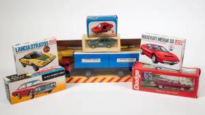 Miscellaneous Group of Model Cars Including MOTORPOWER: Fiat 170 Articulated Truck; and, MATTEL: Mebetoys Alfetta (A76); and, LIMAI: Maserati Merak SS Unbuilt Hobby kit (B-630). All mint in original cardboard packaging. (50 items approx.)