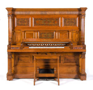 AOLIAN ORCHESTRELLE: Impressive ballroom player-organ circa 1912, housed in a stunning walnut case with carved fret work and Corinthian columns. Highly prized in their day these instruments retailed for £400 and were a personal favourite of notables such 