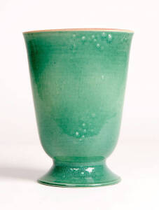 KLYTIE PATE: Pottery vase with green glaze & pink interior. Incised signature. 20.5cm