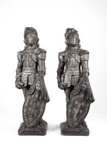 Pair of knight statues, painted plaster mid 20th century.