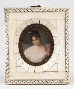 Miniature portrait in ivory frame, Italian 20th century. 8 x 9.5cm overall