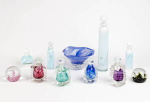ART GLASS: Set of 4 Chris Pantano perfume bottles; set of 4 bottles by Nick Wirdnam; 2 Cathness Scottish glass paper weights & a Tina Cooper art glass bowl. c1980s & '90s.