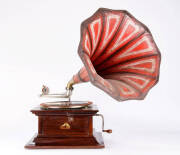 HMV: Trumpet gramophone in mahogany case circa 1912 with an impressive orange cone.