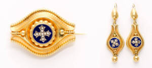 VICTORIAN BOOCH & EARRINGS: Stunning pinchback, enamel & seed pearl mourning brooch & matching earrings&nbsp;