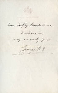 KING GEORGE V (1865-1936, King from 1910 until his death), nice signature "George R.I." on two-page letter on "Buckingham Palace" letterhead, dated July 7th 1918, to Prime Minister Lloyd George, thanking him for his message of congratulations on the occas