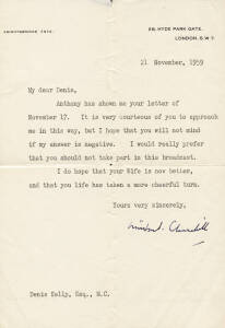 WINSTON CHURCHILL (1874&ndash;1965) British Prime Minister 1940-45 & 1951-55, widely regarded as one of the greatest wartime leaders of the 20th century), lovely signature on 1959 letter on "28 Hyde Park Gate, London SW7" letterhead (Churchill's London residenc
