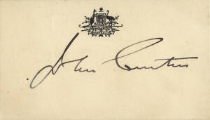 JOHN CURTIN (1885-1945, 14th Prime Minister of Australia), nice signature on visiting card with Australian Coat-of-Arms.