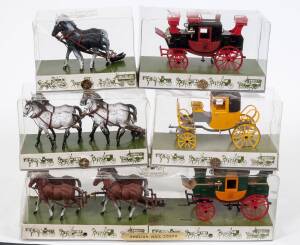 BRUMM: 1:43 Group of Model Horses and Carriages Including Vis-a-Vus (12) – Green; And, Papal Sedan (4) – Green; And, 1850 Milord (15) -Orange. All mint in original plastic display cases. (30 items approx.) 