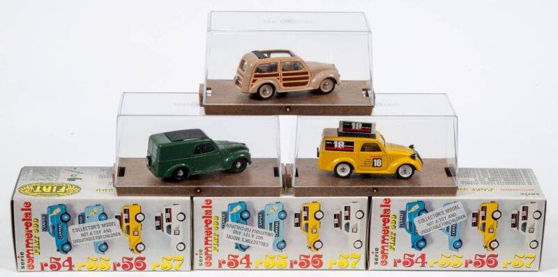 BRUMM: 1:43 ‘Commercial Series’ Model Vehicles Including Advertiser Fiat 500 C Van ‘Isolabella’ (57) – White; And, Fiat 500 Closed Garden Wood (49) – Brown; And, Fiat 500 Fire Truck (80) – Red. All mint in original plastic display cases. (28 items)