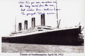 MILLVINA DEAN (recently deceased, last survivor of the "Titanic"), nice signature on reprinted photograph of the "Titanic" departing Southampton.