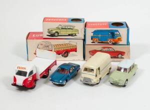 CIJ: Group of Late 1950s Early 1960s ‘Europarc’ Including Renault Bus (3/40) – Red and White with Chrome Hubs and Black Wheels; And, Camion Evian (3/94) – Red and White with Red Plastic Hubs and Black Wheels; And, Simca Bertone (3/9) – Metallic Blue with 