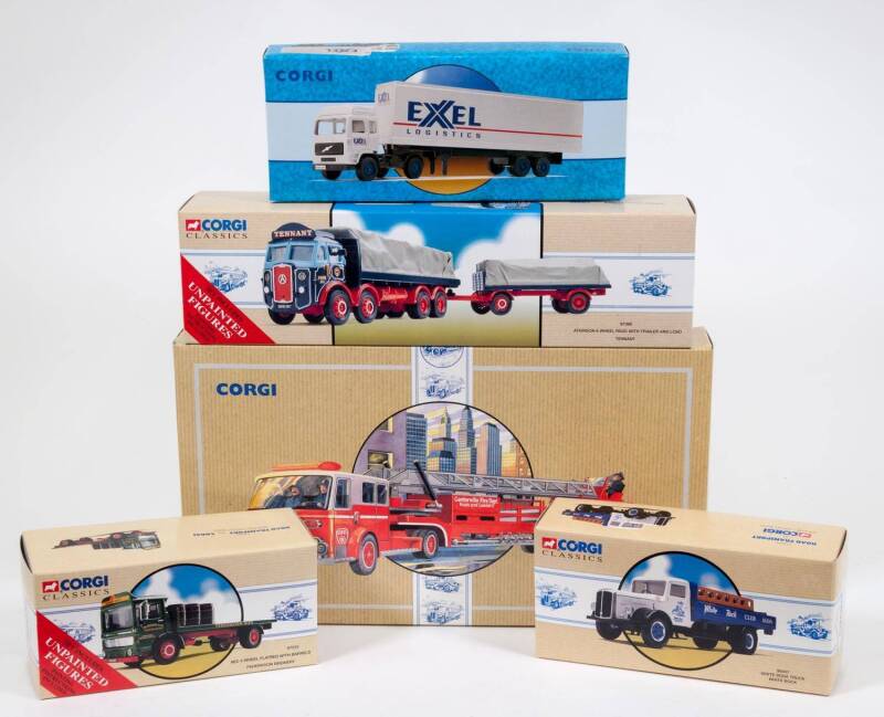 CORGI: Group of ‘Corgi Classics’ Models and Sets Including American LaFrance Aerial Ladder Truck (97321); And, LMS Set AEC Cabover & Thornycroft Van (97754); And, Scammell Scarab Rail Freight (97910). All mint in original cardboard packaging. (25 items)