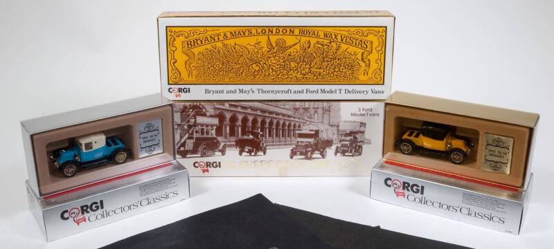 CORGI: Group of Corgi ‘Collectors Classics’ Including 1915 Ford Model T (C863); And, Bryant and May’s Thornycroft and Ford Model T Delivery Vans Set; And, Transport of the 30’s Group of 3 Model T Vans Set. All mint in original cardboard box. (15 items)