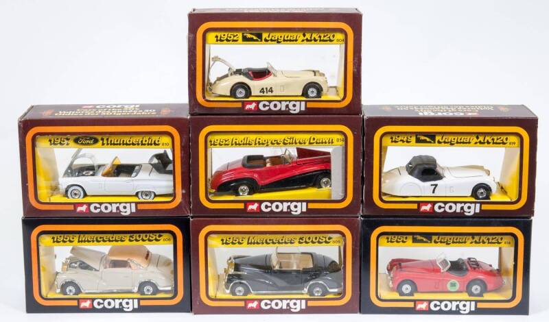 CORGI: Group of ‘50s Classics’ Including 1953 Jaguar XK120 (803); And, 1956 Mercedes 300SC (805); And, 1954 Mercedes 300SL. All mint in original cardboard windowed box (20 items approx)