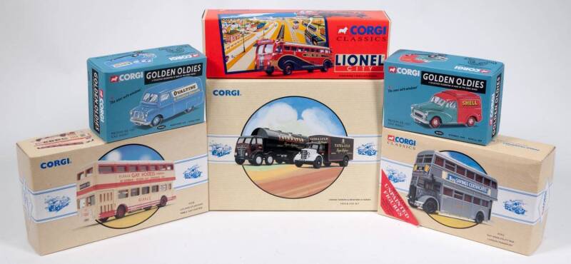 CORGI: Group of ‘Corgi Classics’ Including ‘Golden Oldies’ Morris 1000 – Shell/BP (6501); And, Yellow Coach 743 (98465); And, Nottingham City Transport Karrier W Trolley Bus Set (34701). All mint in original cardboard boxes. (27 items approx.)