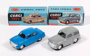 CORGI: Late 1950s Pair of Model Cars Consisting of Ford Consul Saloon (200M) – Blue Body, Flat Spun Wheels with Mechanical Motor; And, Hillman Husky (206M) – Grey Body, Flat Spun Wheels with Mechanical Motor. All mint in original blue cardboard boxes. (2 