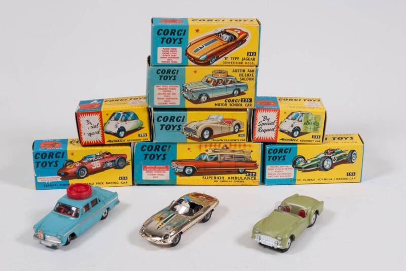 CORGI: Early 1960s Group of Model Cars Including Austin A60 Corgi Motor School Car (236) - Light Blue Body with Silver Stripe, Figures, Red Interior and Spun Hubs missing Drivind Instructions; And, Cadillac Superior Ambulance (437) – Blue and White Body,