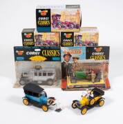 CORGI: 1960s Group of ‘Corgi Classics’ 1915 Ford (9012) – Yellow; And, 1910 Daimler (9021) – Red; And, Rolls Royce Silver Ghost (9041). All mint in original packaging. Damage to some of the packaging. (12 items)