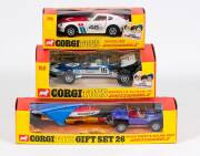 CORGI: 1970s Group of ‘Whizzwheels’ Consisting of Surtees T.S. 9 F/1 Racing Car (150) – Blue with Black Engine, Chrome Exhaust Pipes, Racing 16; And, Datsun 240Z (396) – White and Red Body, White Interior; And, Beach Buggy & Sailing Boat Gift Set (GS26).