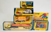 CORGI: 1980s Group of Model Cars Including Crane Fruenhauf Bottom Dumper with Berliet Cab Unit (1102); And, Spiderbike (266); And, Faur-AK Road Sweeper (1117). All mint in original windowed boxes. (5 items)