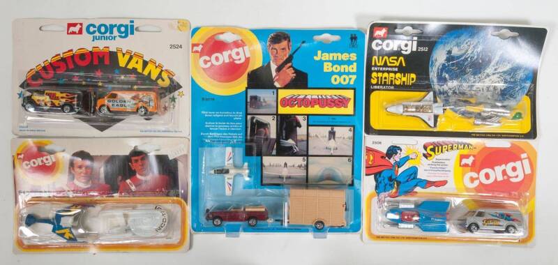 CORGI JUNIOR: Group of 1980s Twin Packs Blister Packs Including James Bond 007 ‘Octopussy’ Range Rover with Horse Box and Plane (E3019); And, Superman Supermobile and Super Plane (2506); And, Custom Vans (2524). All mint and unopened on original cardboard