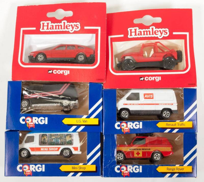 CORGI JUNIOR: Group of Model Car Blister Packs and Windowed Boxes Including Mini Shop (J62); And, U.S. Van (J61); And, Hamleys Chevy 84 (53023). All mint and unopened in original packaging. (65 items approx.)