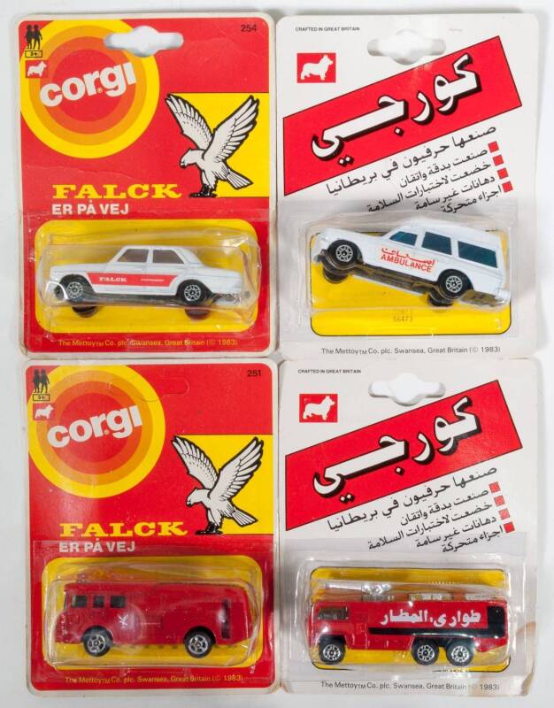 CORGI JUNIOR: 1980s Group of International Blister Packs Including Arabic Buick Regal Police Car (56473); And Nordic Transit Wreck Truck (252); And, Arabic Chubb Fire Truck (56473). All mint and unopened on original cardboard cards. (8 items) 