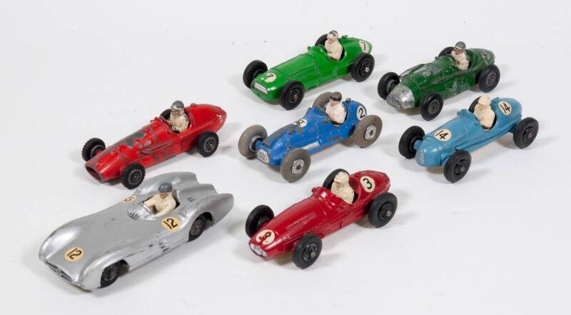 CRESCENT: Vintage Group of Racing Cars Including Mercedes Benz 2.5 Litre Grand Prix – Silver with Metal Driver Figure; And, Maserati 2.5 Litre Grand Prix – Red with Metal Driver Figure; And, Gordini 2.5 Litre Grand Prix – Blue with Metal Driver Figure. Al