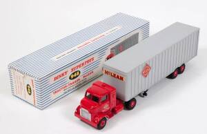 DINKY: Early 1960s Tractor Trailer McLean (948) - Red Cab, Red Plastic Hubs, Grey Plastic Trailer. Mint in original blue and white striped lift off box.