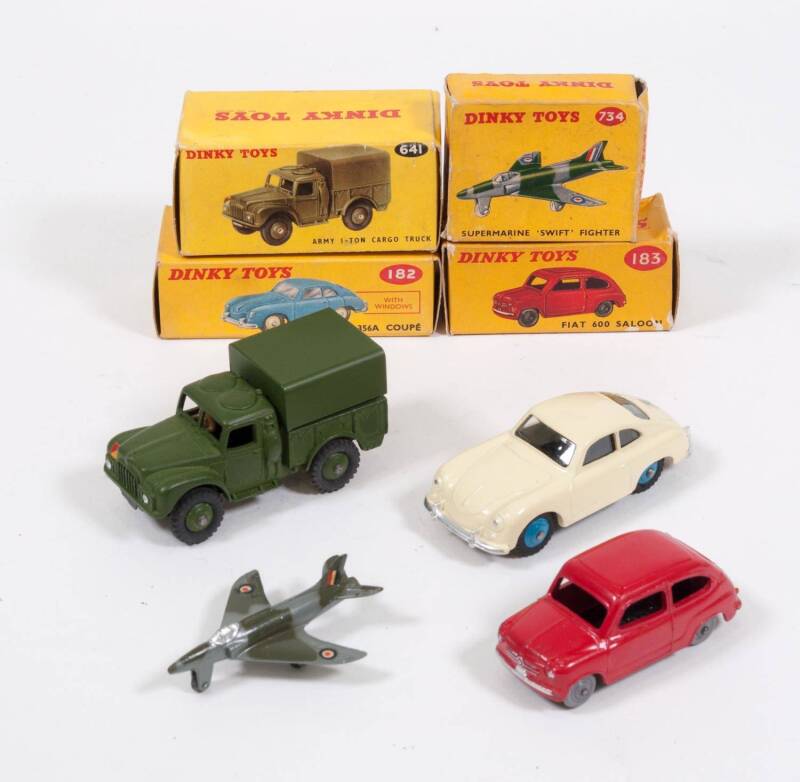 DINKY: Late 1950s Group of Model Vehicles Including Porsche 356A Coupe (182) – Cream with Blue Rigged Hubs; And, Fiat 600 Saloon (183) – Red with Grey Smooth Wheels; And, Supermarine ‘Swift’ Fighter (734) – Army Camouflage. All mint in original yellow car