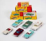 DINKY: Late 1950s to Early 1960s Group of Model Cars Including Ford Fairlane (148) – Pale Green, White Interior with Spun Hubs; And, Superior Criterion Ambulance (263) – White, Yellow Interior, Spun Hubs and Plastic Patient Figure; And, Chevrolet ‘El Cami