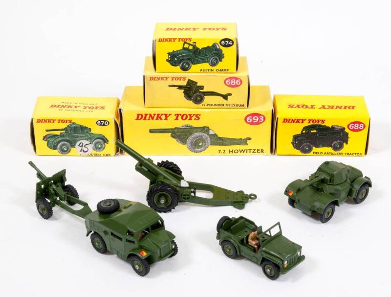 DINKY: Late 1950s to Early 1960s Group of Military Vehicles Including 25 Pounder Field Gun (686) – Army Green; And, Field Artillery Tractor (688) – Army Green; And, 7.2 Howitzer (693) – Army Green. All mint to near mint condition in original yellow cardbo