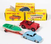 DINKY: Late 1950s to Early 1960s Group of Model Vehicles Including Volkswagen (181) – Powder Blue with Spun Hubs; And, Land Rover (340) – Red with Red Plastic Wheels, is Missing Driver Figure; And, Healey Sports Boat (796) – Green and Cream on Orange Boat