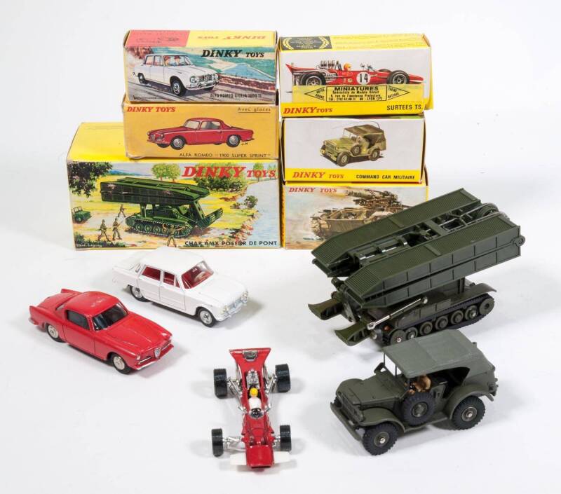 FRENCH DINKY: 1950s to 1970s Group of Model Vehicles Including Coupe Alfa Romeo ‘1900 Super Sprint’ (24J) – Red, Spun Hubs; And, Canon De 155 Automoteur (813) – Army Green with Camouflage Net; And, Char AMX Poseur De Point (883) – Army Green; And, Surtees