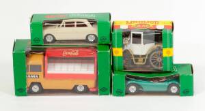 GAMA: Group Vintage West German Model Cars Including Coca Cola Lieferwagen VW (928); And, Benz Victoria Wagon 1893 (M975) – White; And, Ferrari Rennwagen (9610) – Metallic Green; And DKW F102 (942) – Cream. All mint in original cardboard windowed boxes. (