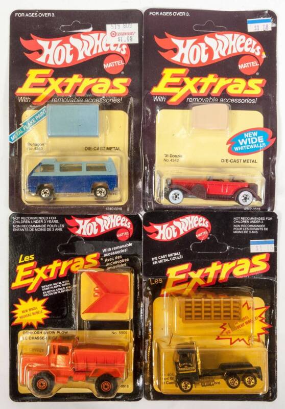 HOTWHEELS: Group of 1980s ‘Extras’ Blister Packs Including ’56 Hi-Tail Hauler (4341); And, Oshkosh Snow Plow (5905); And, Up Front (924). All mint and unopened on original cardboard cards. (19 items approx.) 