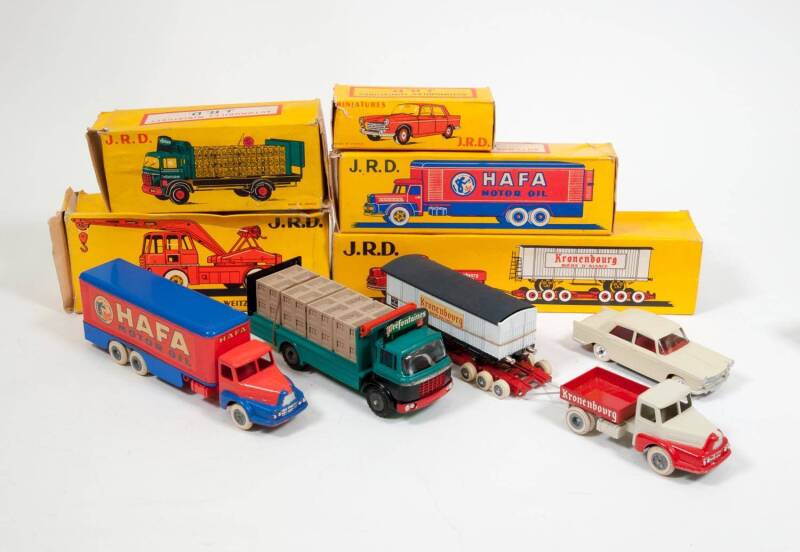 JRD: Group of Late 1950s Early 1960s Model Vehicles Including Tracteur Unic with Kronenbourg Train Load (123); And, Mobile Crane Truck (125); And, ‘Prefontaines’ Berliet Cabine (134). All mint in original cardboard boxes. Damage to some of the boxes. (5 i