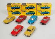 LION CAR: Group of ‘DAF’ Model Cars Including Coupe (66) – Red; And Stationcar (44) – Blue; And, Personenauto (44) – Yellow. All mint in original yellow cardboard boxes. (6 items)