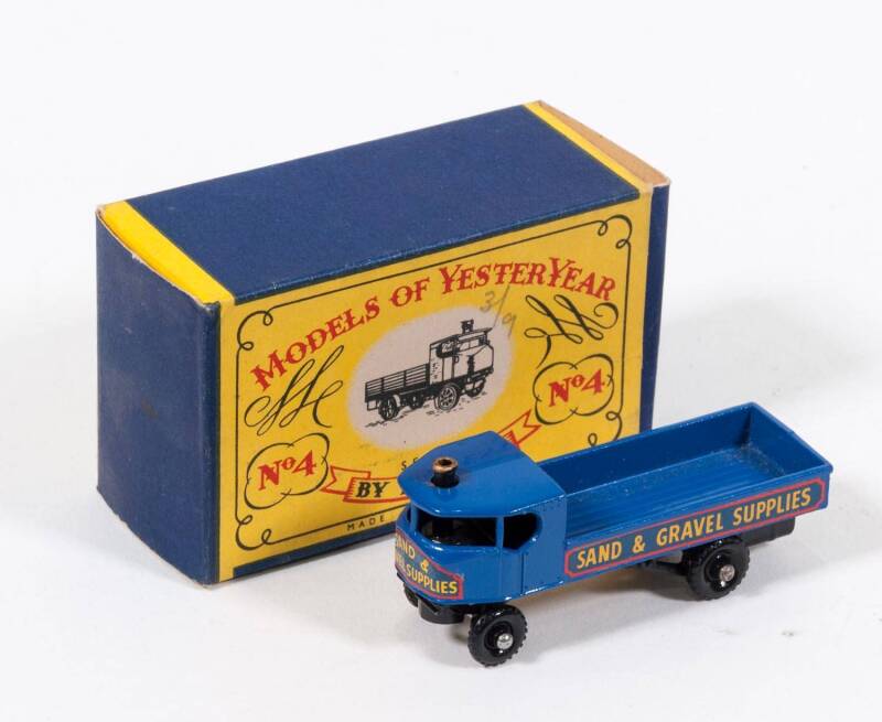 MATCHBOX: Rare Issue 1950s A Type ‘Model of Yesteryear’ Sentinel Steam Waggon (Y4) – Blue ‘Sand and Gravel Supplies’ with Black Plastic Wheels. Most models came with grey metal wheels. Mint in original A Type cardboard box.