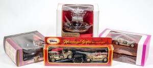 MATCHBOX: Group of Lesney Gifts Including Riley MPH Stainless Tray (23); And, Internationally Famous Golden Vintage Cars; And, 1977 Silver Jubilee Commemorative Ceramic Tray. All mint in original cardboard packaging. Slight damage to some of the packaging