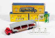 MATCHBOX: Group of 1960s Lesney Era D Type Accessory Packs Including A Pair of B.P. Petrol Pumps (A1); And, A Rare Red/Grey Bedford Car Transporter (A2). All mint in original cardboard D Type Boxes. (3 items)