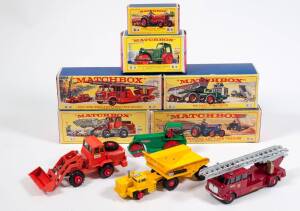 MATCHBOX: Group of 1960s Lesney Era E Type King Size Including KW Dart Dump Truck (K2); And, veling Barford Diesel Road Roller (K9); And, AEC Merryweather Turntable Fire Engine ‘Kent Fire Brigade’ (K15). All mint to near mint in original cardboard E Type 