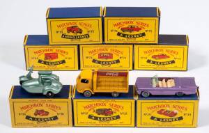 MATCHBOX: Group of 1950s Lesney Era 1-75 C Type Model Cars Including Coca Cola Lorry (37); And, Pontiac Convertible (39); And, Thunderbird (75). Most mint, all in original cardboard boxes. (13 items)