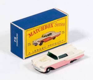 MATCHBOX: Hard to Find 1960s Lesney Era 1-75 D Type Ford Thunderbird (75) – Cream and Salmon Body, Black Base and Black Plastic Wheels. Near mint to good in an excellent original cardboard box.