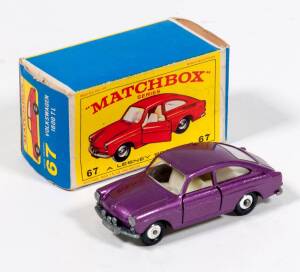 MATCHBOX: Rare 1960s Lesney Era 1-75 E Type 'New Model' Volkswagon 1600 TL (67) – Metallic Purple, White Interior, Base with Patent Number and Black Tires with Chrome Hubs. Mint in original cardboard box. 