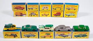 MATCHBOX: Group of 1960s Lesney Era 1-75 E Type Model Cars Including Leyland Pipe Truck (10); And, Opal Diplomat (36); And, Pontiac Convertible (39). Most mint, all in original cardboard packaging. (60 items)