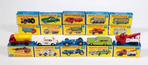 MATCHBOX: Group of 1960s Lesney Era 1-75 F Type Model Cars Including Cattle Truck (37); And, B.R.M Racing Car (52); And, DAF Girder Truck (58). Most mint, all in original cardboard packaging. (28 items)